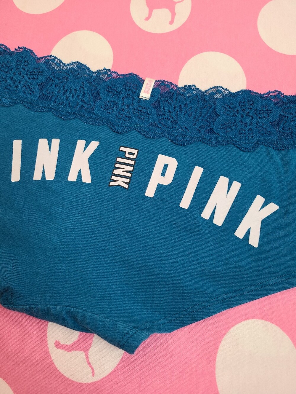 Retired VS PINK Lace Waist Cotton Low Rise Boyshort Panty Size Sm Blue Logo - Picture 2 of 6